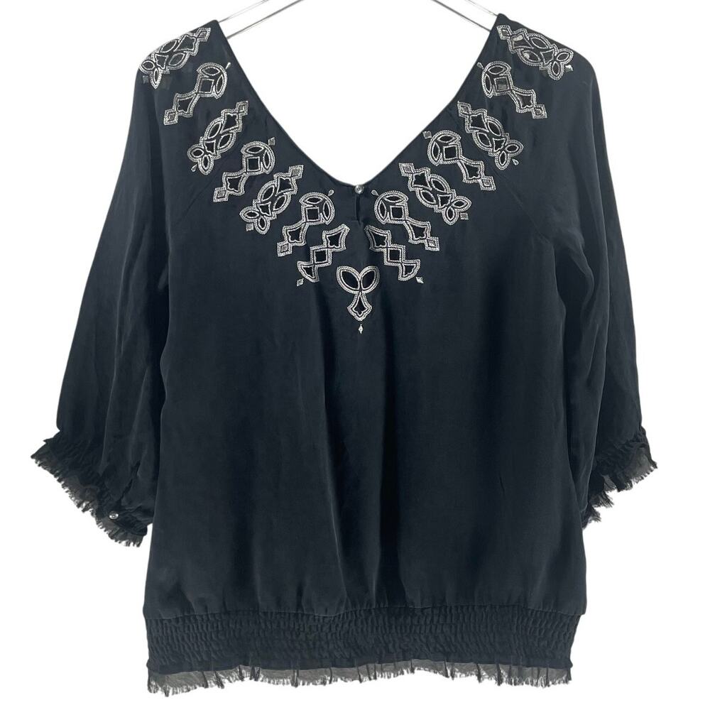 White House Black Market Women's Size M Black Embroidered Silk Top Blouse